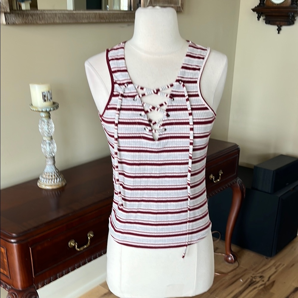 Lace Up Striped Crop Top White Red Gray
